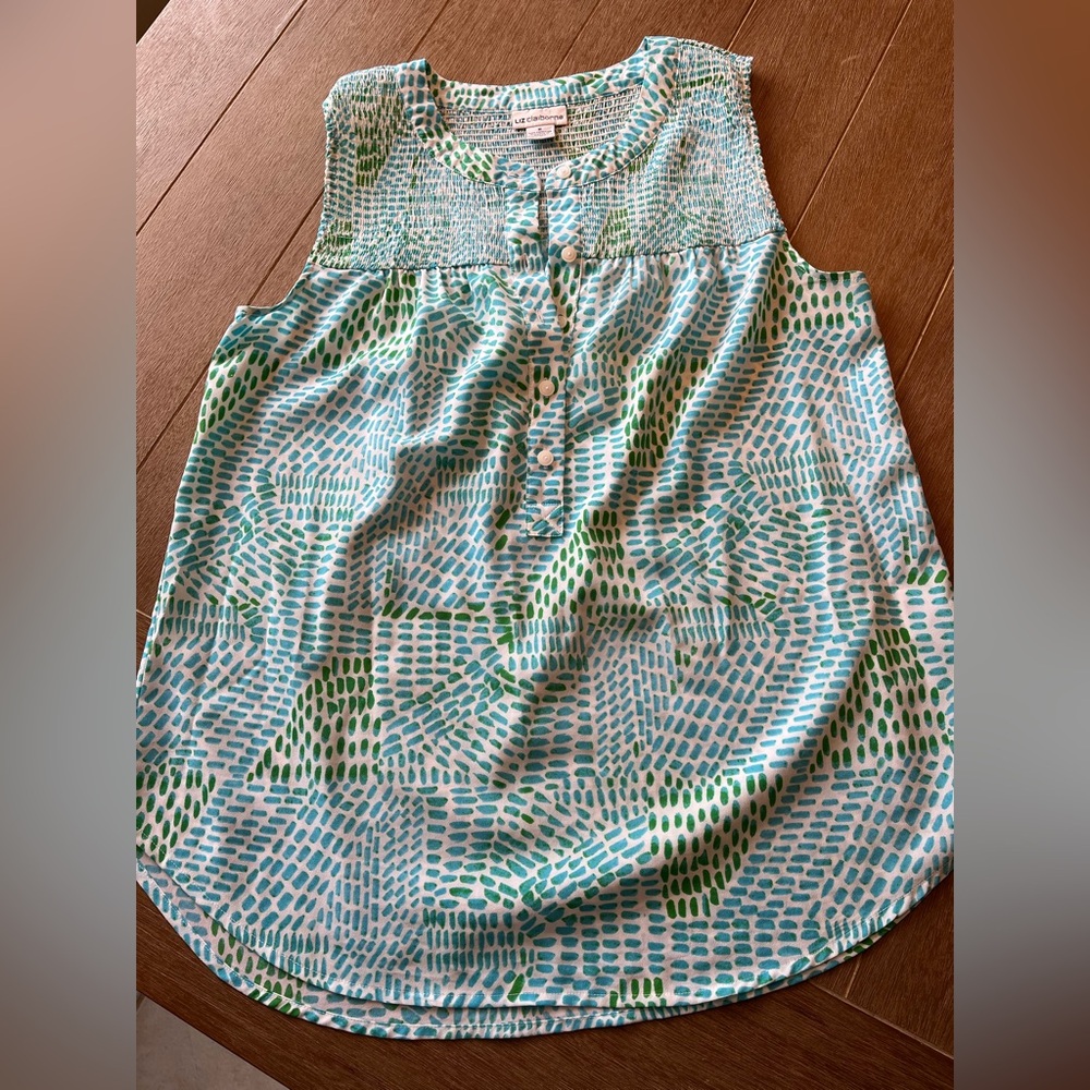 Liz Claiborne Green, Blue, white Sleeveless Blouse with Mandarin Collar
